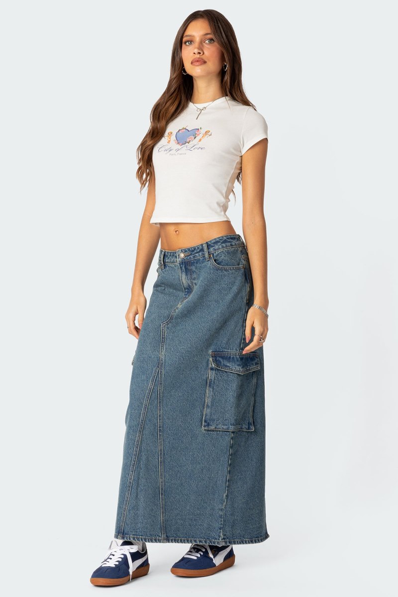 Edikted Slitted Cargo Denim Maxi Skirts Blue | USA UH222232U4