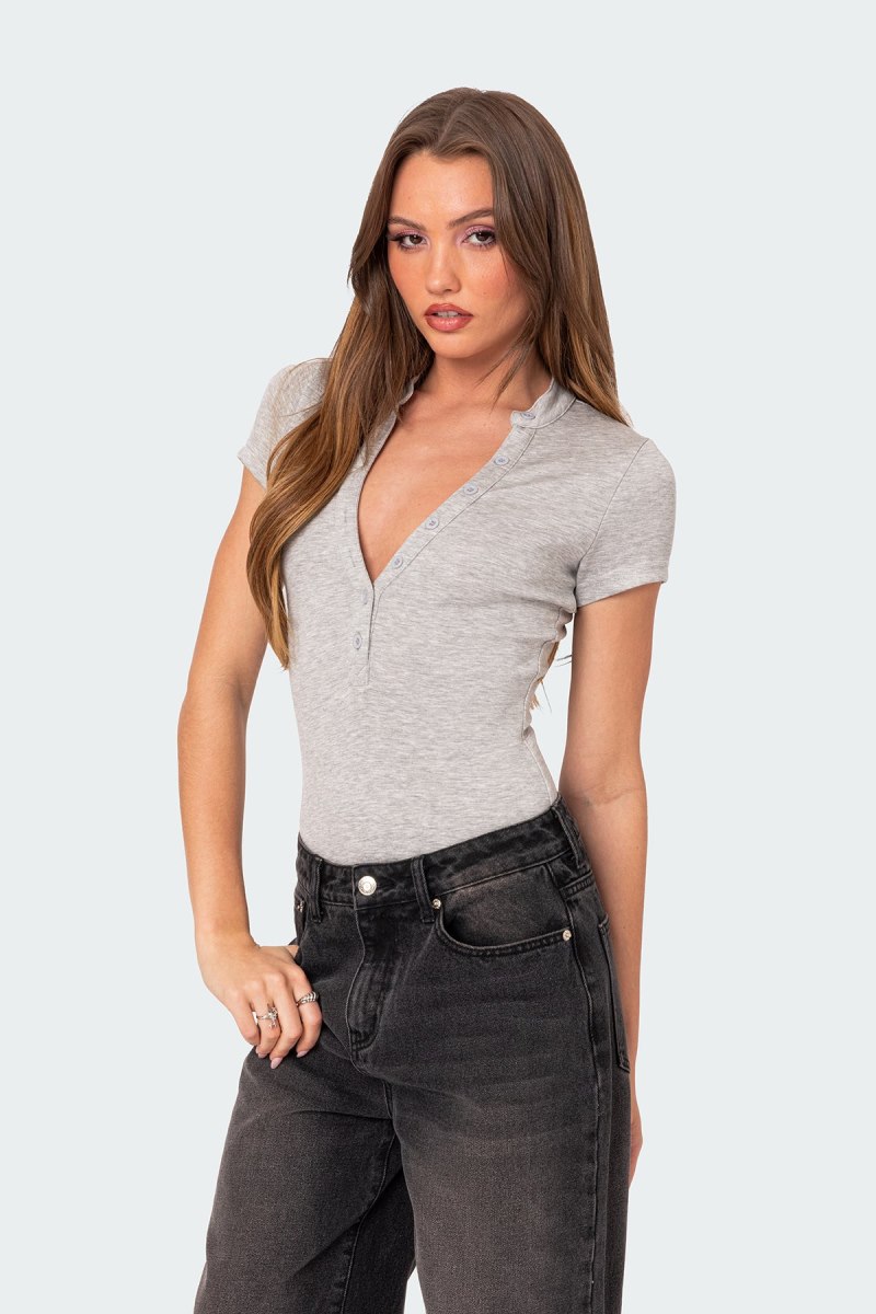 Edikted So Chill Button Up Bodysuit Gray Melange | USA GP261946F8