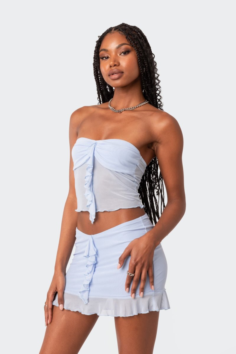 Edikted Solange Ruffle Mesh Tube Strapless Tops Black | USA JN456495K1