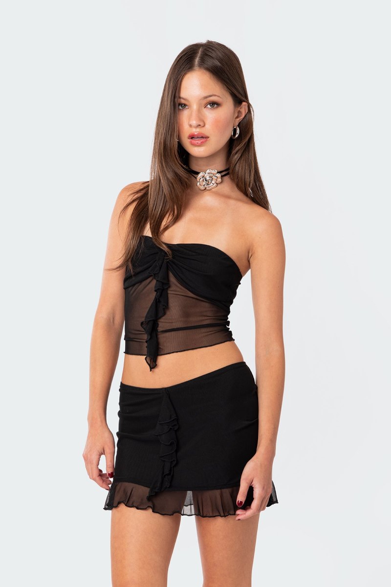 Edikted Solange Ruffle Mesh Tube Strapless Tops Black | USA EH355695B0