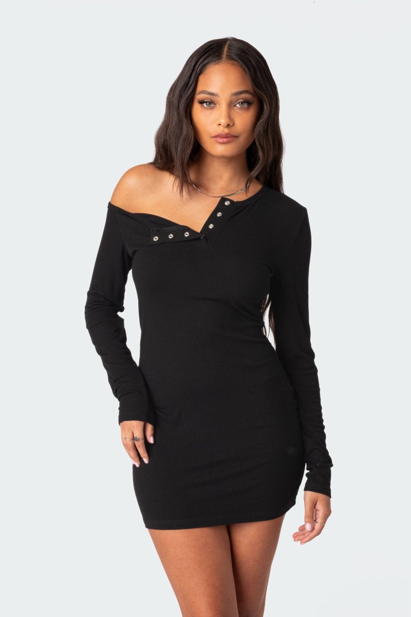 Edikted Soleste Ribbed Mini Long Sleeve Dress Black | USA MP427632H2