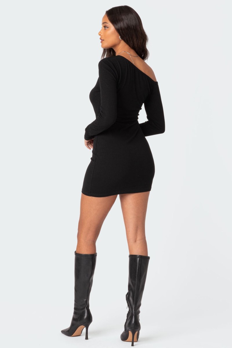 Edikted Soleste Ribbed Mini Long Sleeve Dress Black | USA MP427632H2