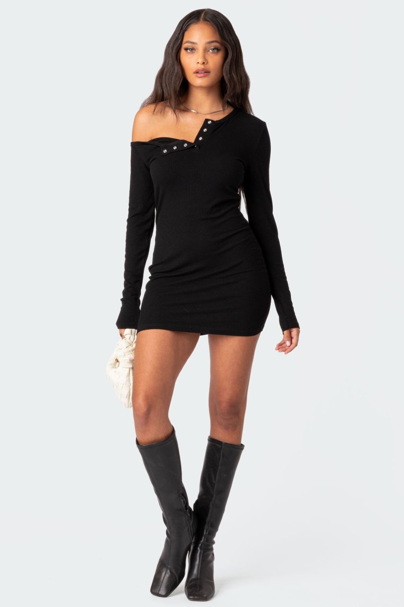 Edikted Soleste Ribbed Mini Long Sleeve Dress Black | USA MP427632H2