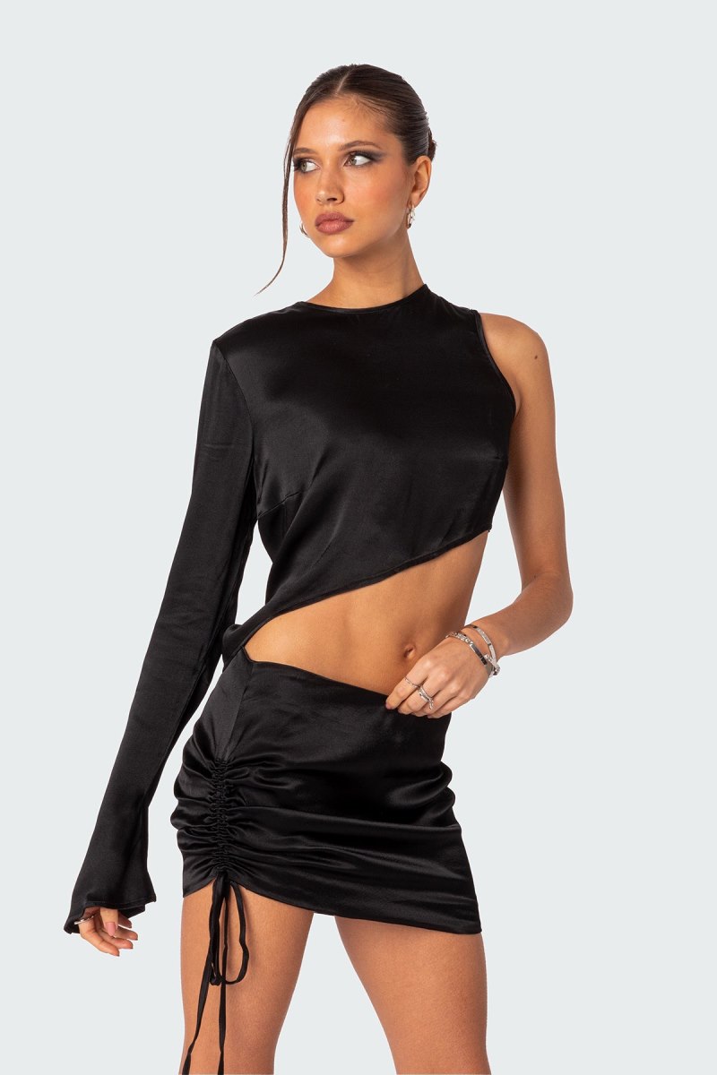 Edikted Solstice Asymmetric Satin Long Sleeve Tops Black | USA IM482778T4