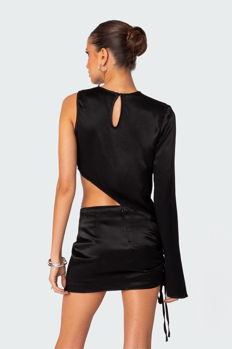 Edikted Solstice Asymmetric Satin Long Sleeve Tops Black | USA IM482778T4
