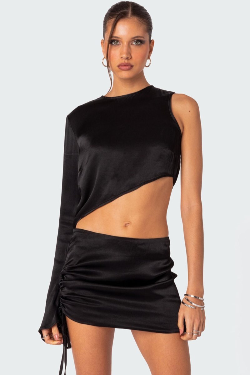 Edikted Solstice Asymmetric Satin Long Sleeve Tops Black | USA IM482778T4