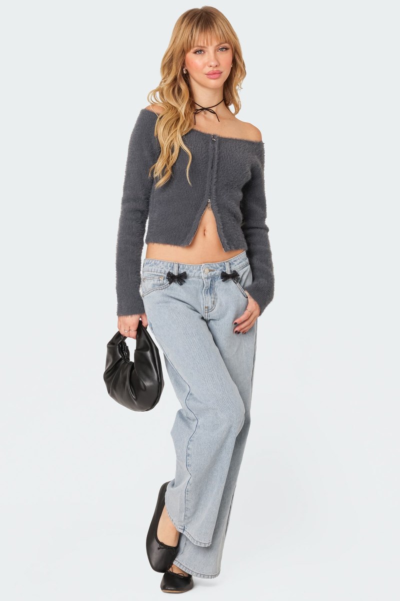 Edikted Sonia Off Shoulder Fuzzy Knit Long Sleeve Tops Dark Gray | USA RF320652W0