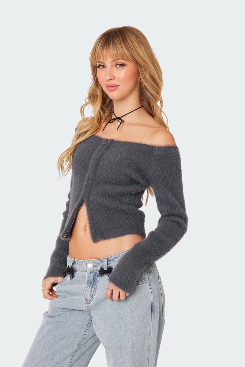 Edikted Sonia Off Shoulder Fuzzy Knitted Tops Dark Gray | USA WM294509O2