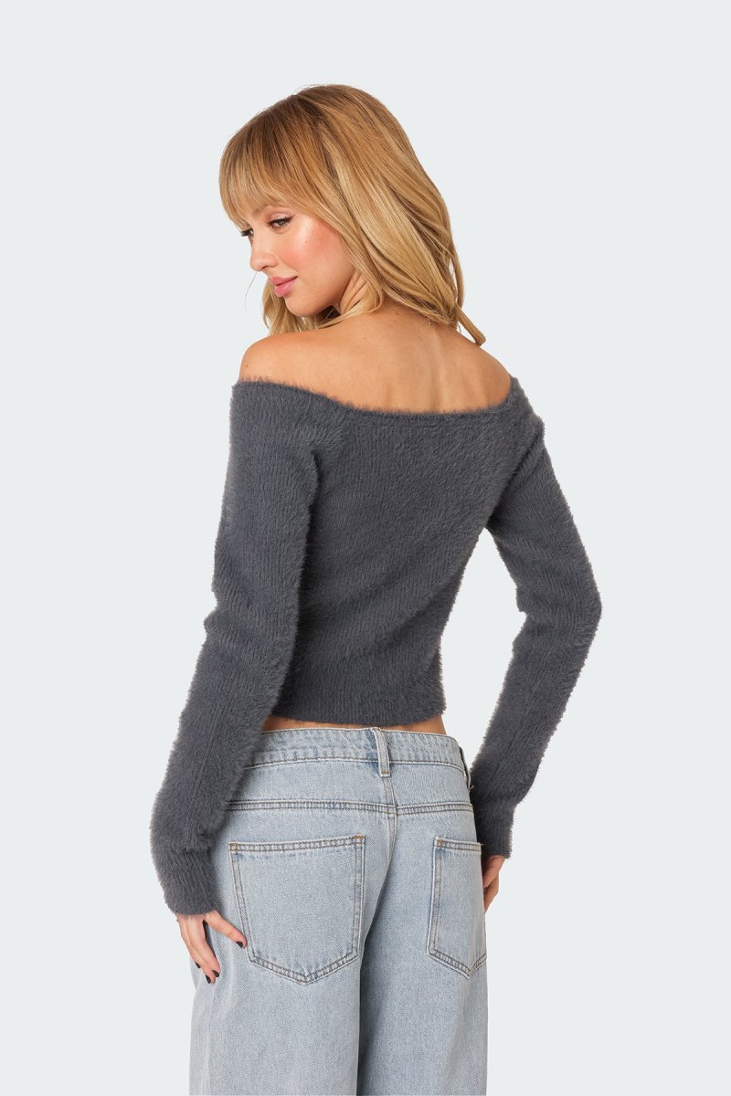 Edikted Sonia Off Shoulder Fuzzy Knitted Tops Dark Gray | USA WM294509O2
