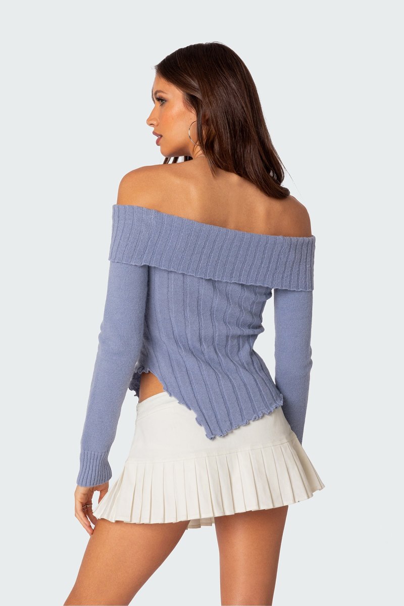 Edikted Sonya Fold Over Knit Long Sleeve Tops Blue | USA QM233353N6