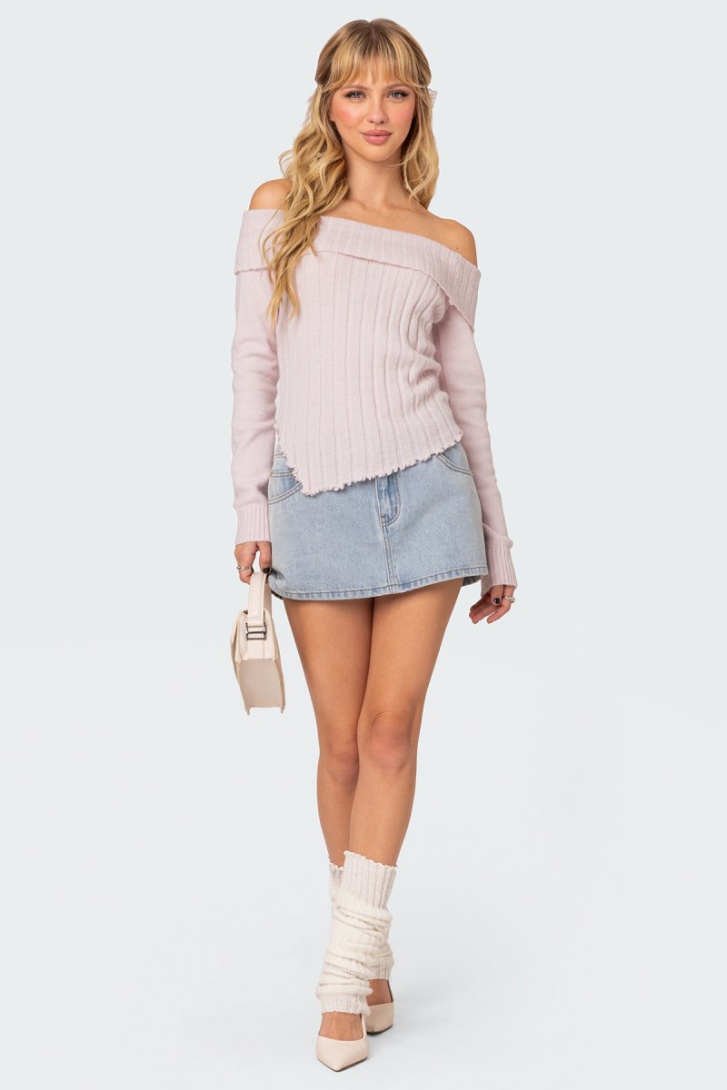 Edikted Sonya Fold Over Knit Sweater Blue | USA YC869206V1