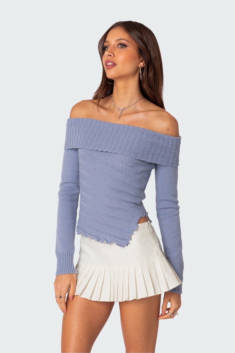 Edikted Sonya Fold Over Knit Sweater Blue | USA DF831023T6