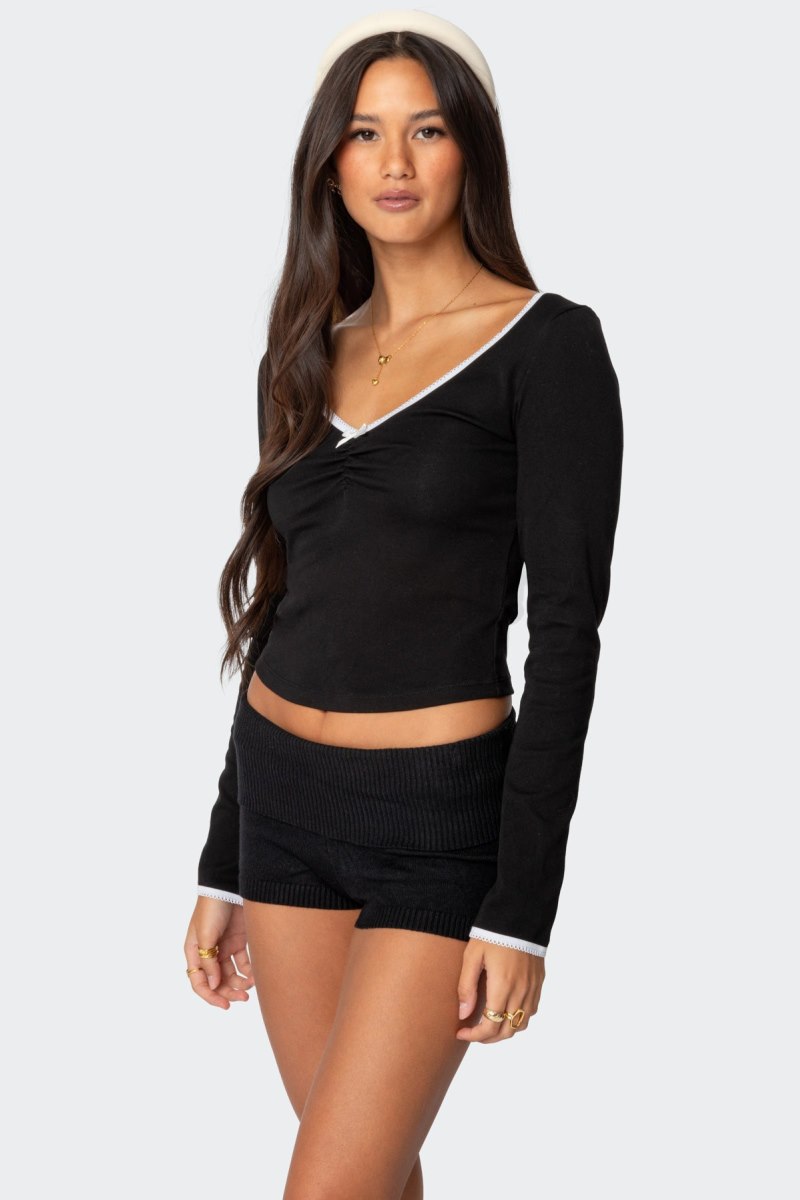 Edikted Sophia Contrast Lace Long Sleeve Tops Black | USA BQ585288K1