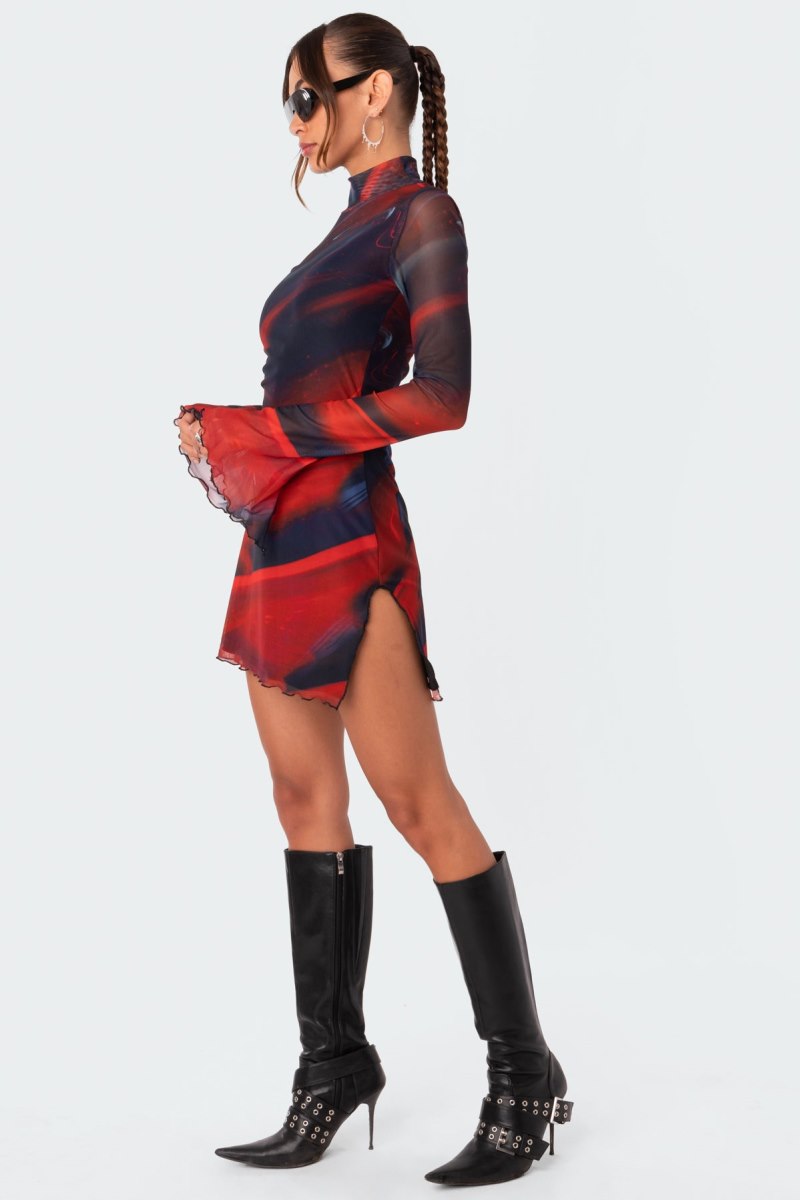 Edikted Sparks Fly Side Slitted Mesh Mini Long Sleeve Dress Mix | USA GF416211B1