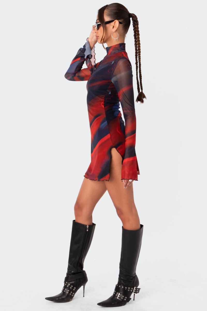 Edikted Sparks Fly Side Slitted Mesh Mini Long Sleeve Dress Mix | USA GF416211B1
