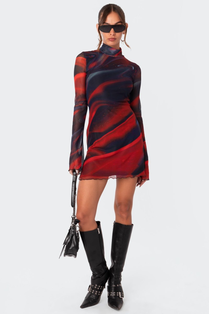 Edikted Sparks Fly Side Slitted Mesh Mini Long Sleeve Dress Mix | USA GF416211B1