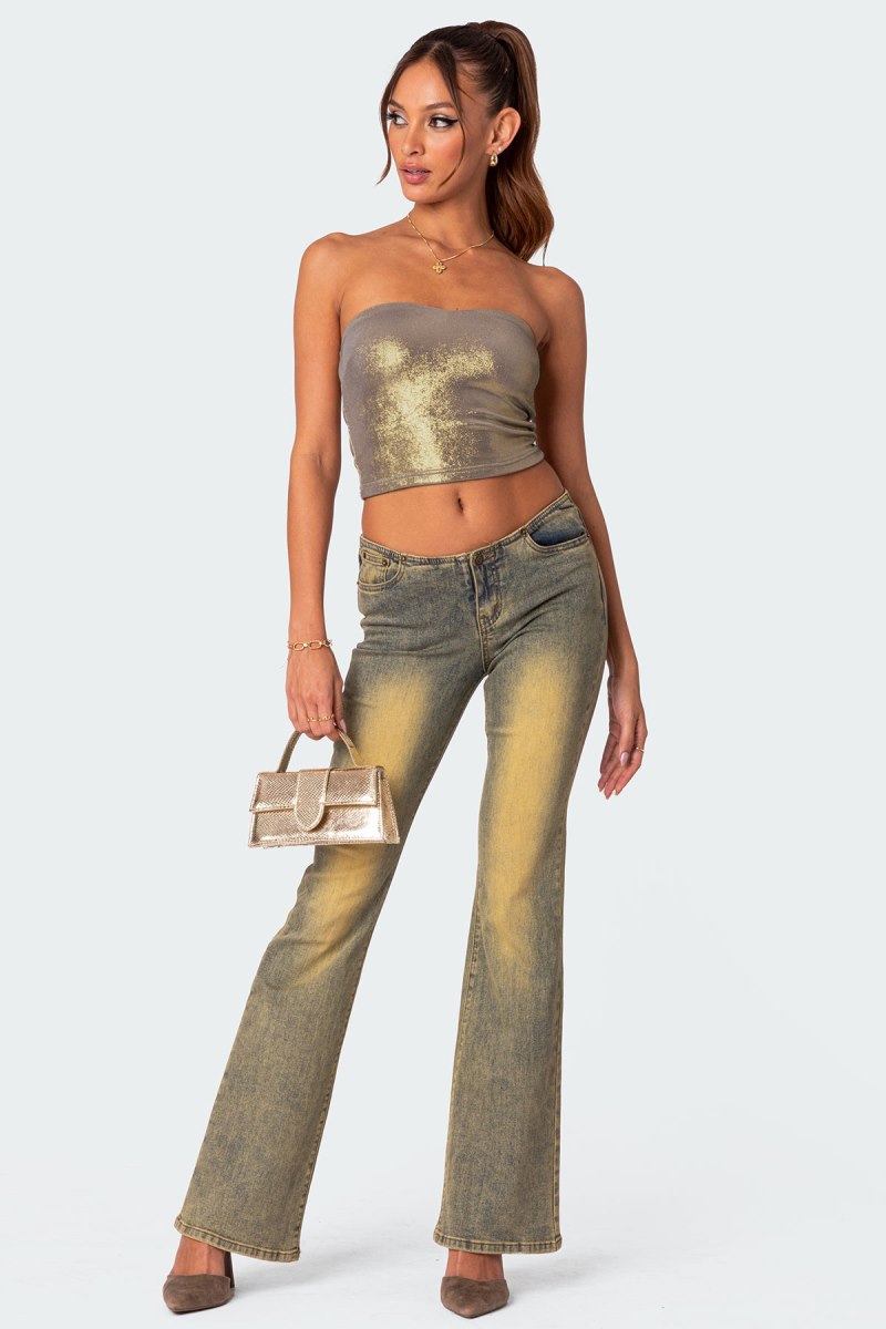 Edikted Spotlight Metallic Tube Strapless Tops Gold | USA LA756855K5