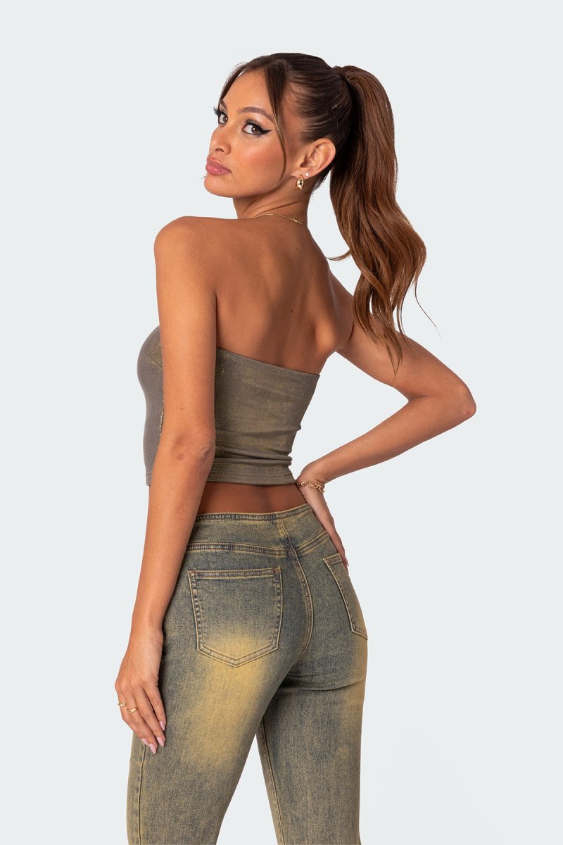 Edikted Spotlight Metallic Tube Strapless Tops Gold | USA LA756855K5
