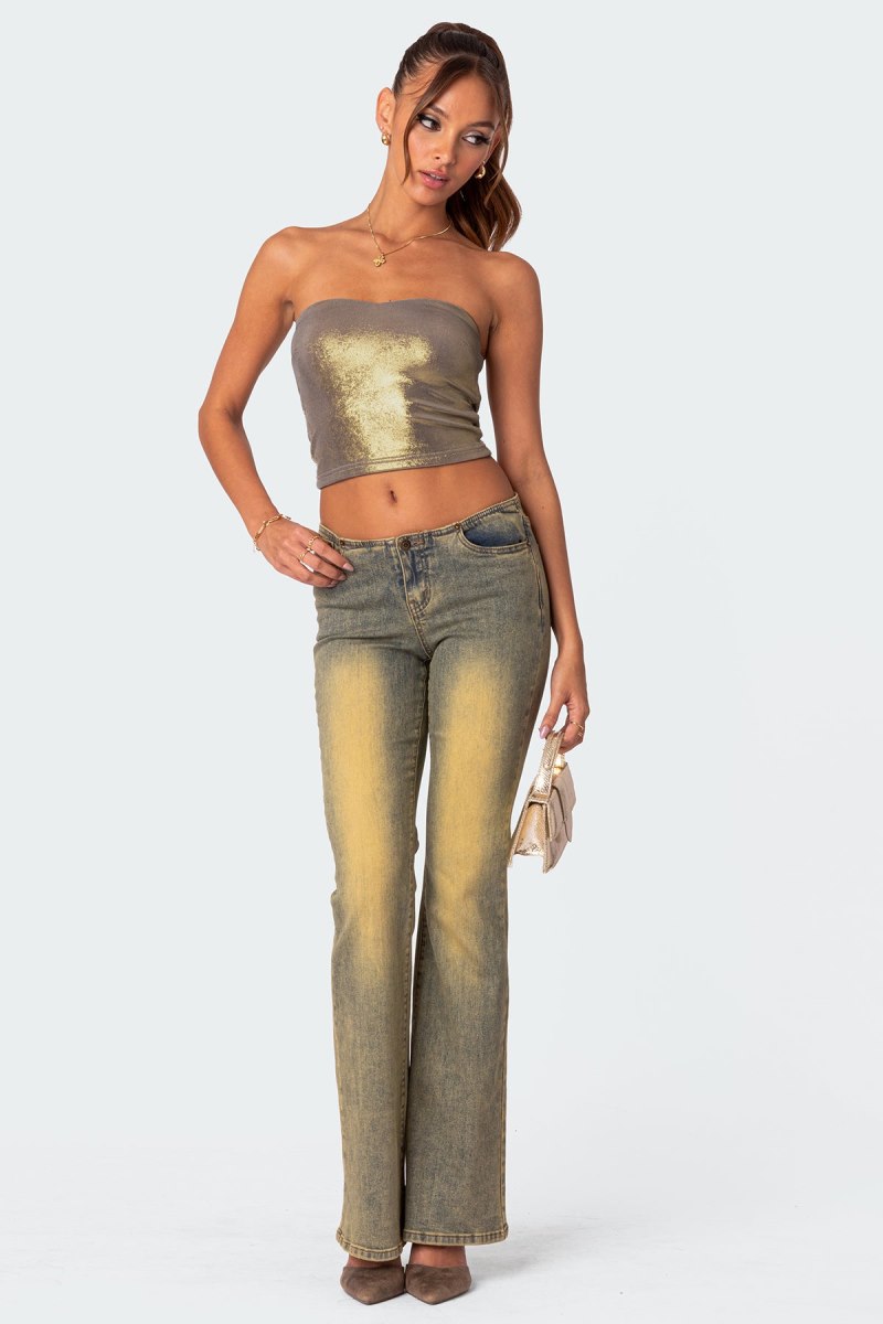 Edikted Spotlight Metallic Tube Strapless Tops Gold | USA LA756855K5