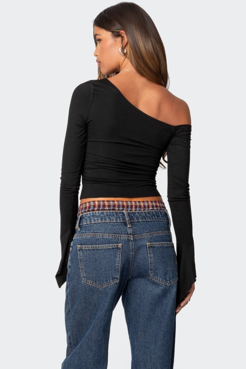Edikted Stacie Asymmetric Long Sleeve Tops Black | USA WS614711J5
