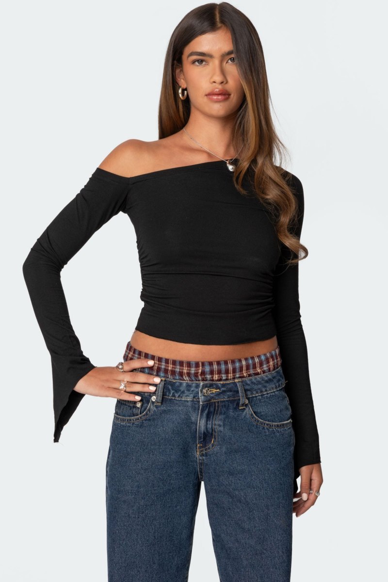 Edikted Stacie Asymmetric Long Sleeve Tops Black | USA WS614711J5