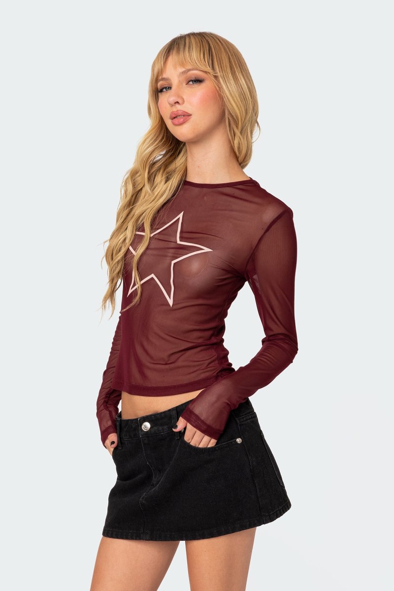 Edikted Stargaze Sheer Mesh Graphic Tops Burgundy | USA ST214801K4
