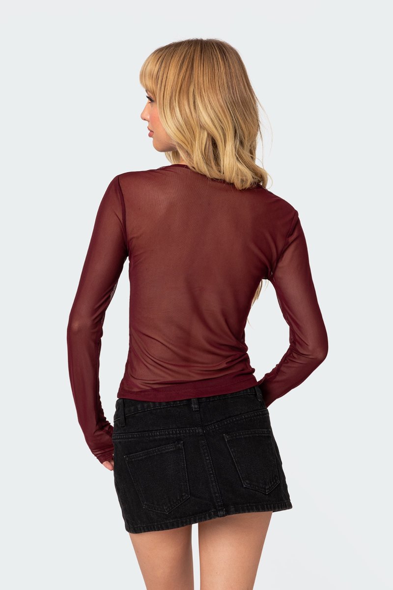 Edikted Stargaze Sheer Mesh Graphic Tops Burgundy | USA ST214801K4
