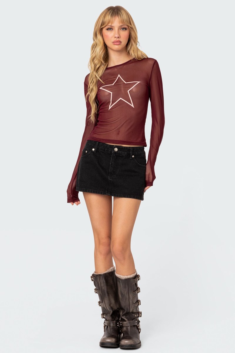 Edikted Stargaze Sheer Mesh Long Sleeve Tops Burgundy | USA RZ246464Q9