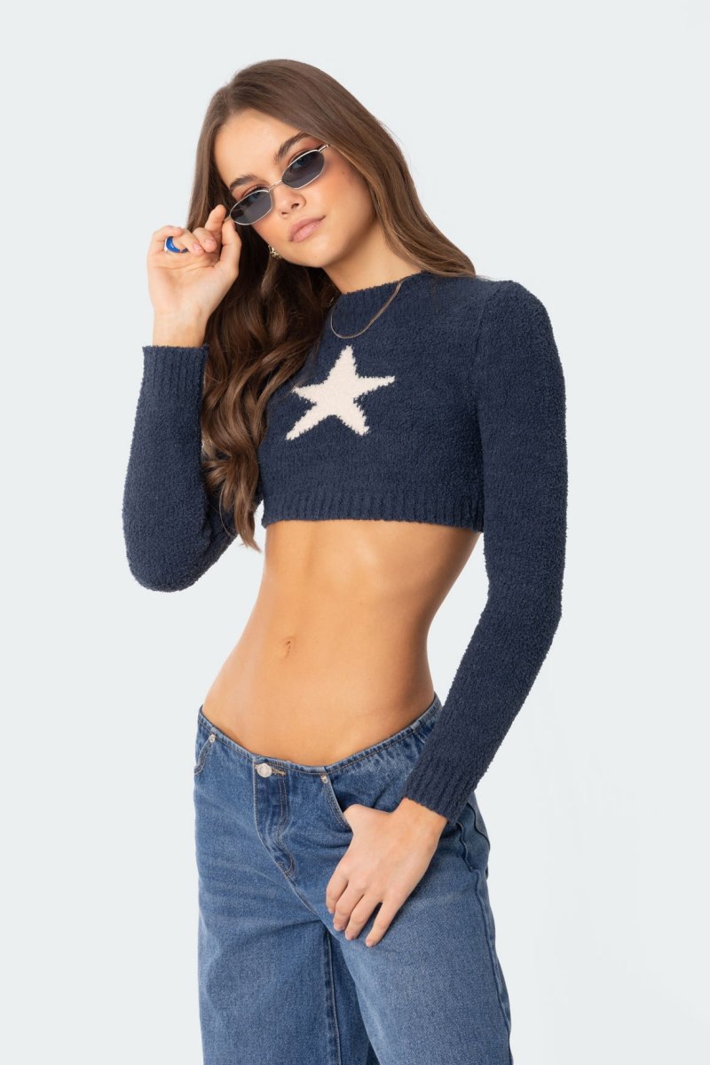 Edikted Starry Super Soft Cropped Sweater Long Sleeve Tops Blue | USA CP218111H1