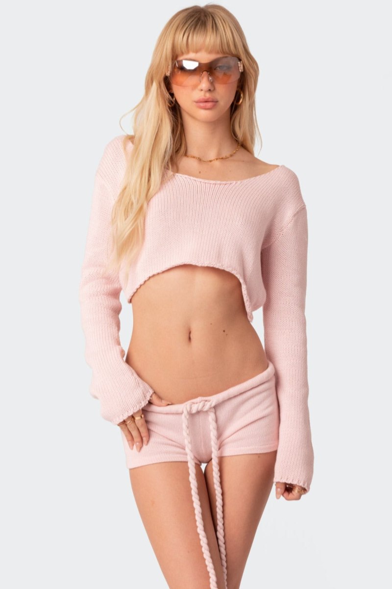 Edikted Staycation Cropped Knit Long Sleeve Tops Light Pink | USA IJ243484U1