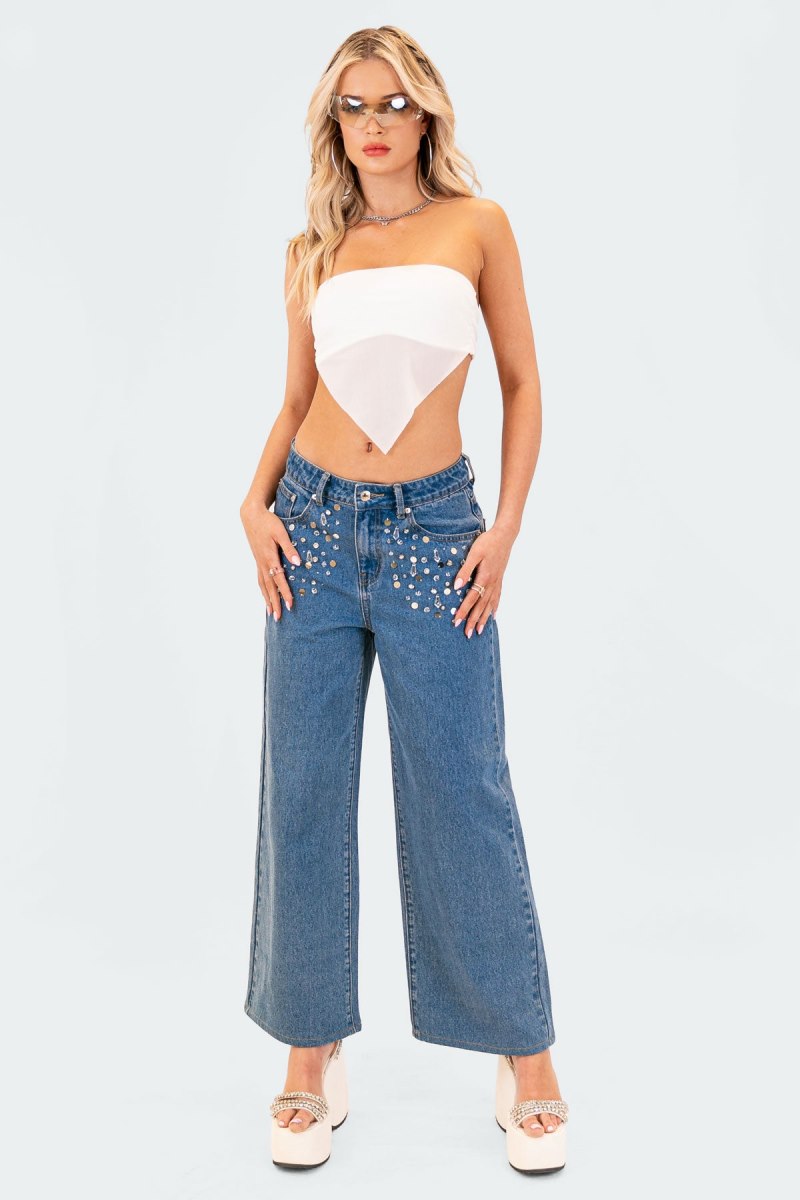 Edikted Strapless Mesh Triangle Crop Tops Black | USA JM704530K5