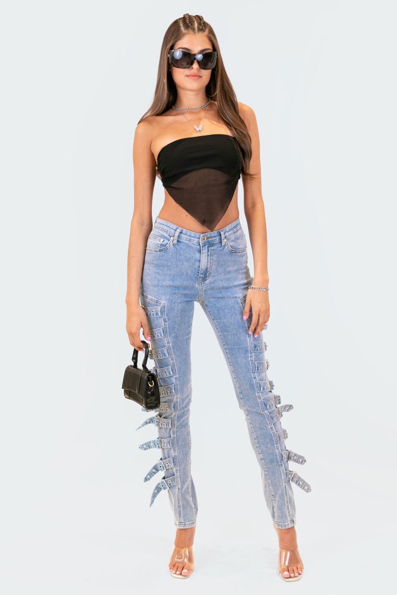 Edikted Strapless Mesh Triangle Strapless Tops Black | USA XO736963Y5