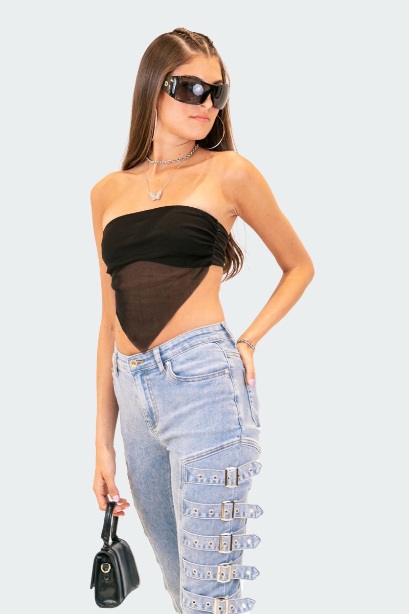 Edikted Strapless Mesh Triangle Strapless Tops Black | USA XO736963Y5