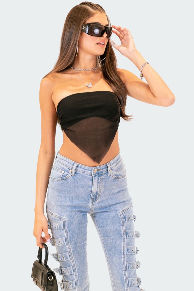 Edikted Strapless Mesh Triangle Strapless Tops Black | USA XO736963Y5