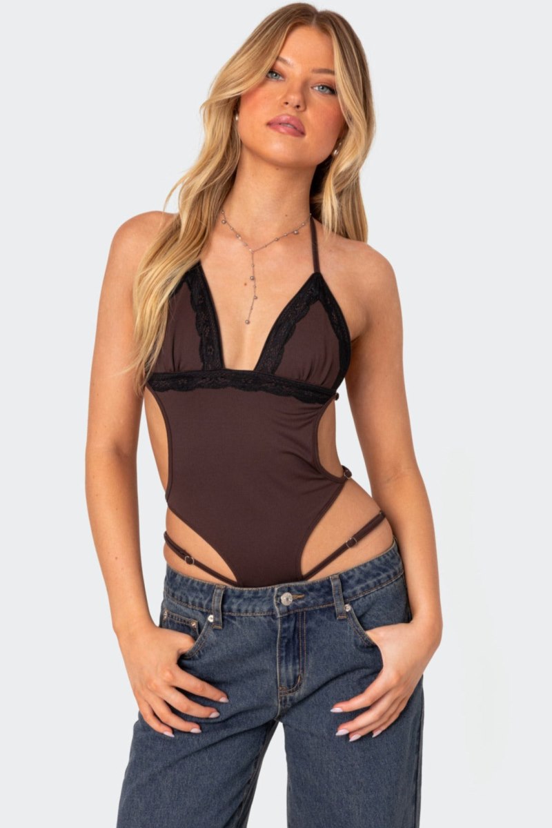 Edikted Strappy Lace Trim Bodysuit Brown | USA GU199209P4