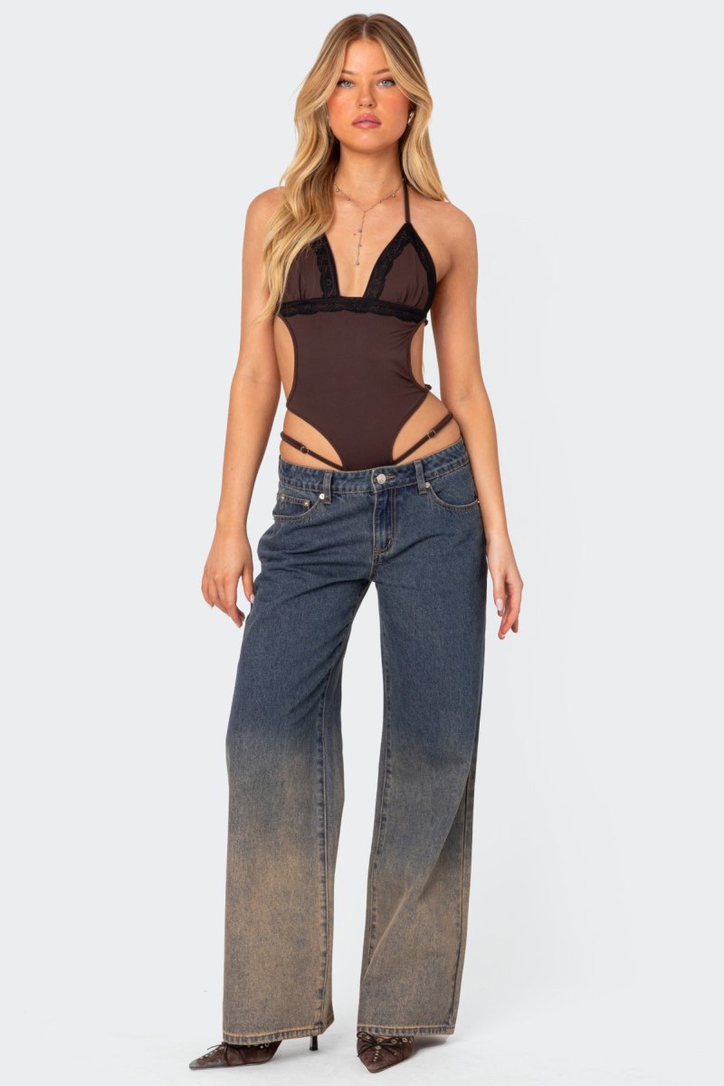 Edikted Strappy Lace Trim Bodysuit Brown | USA GU199209P4
