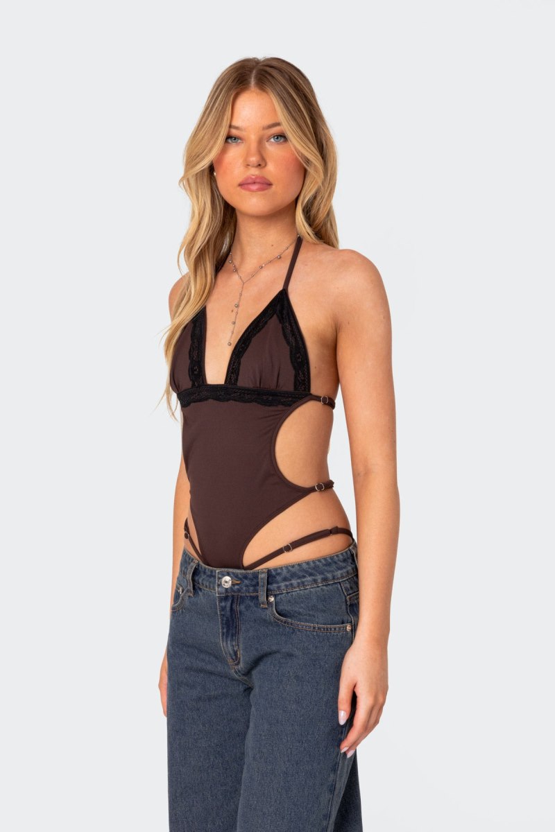 Edikted Strappy Lace Trim Bodysuit Brown | USA GU199209P4