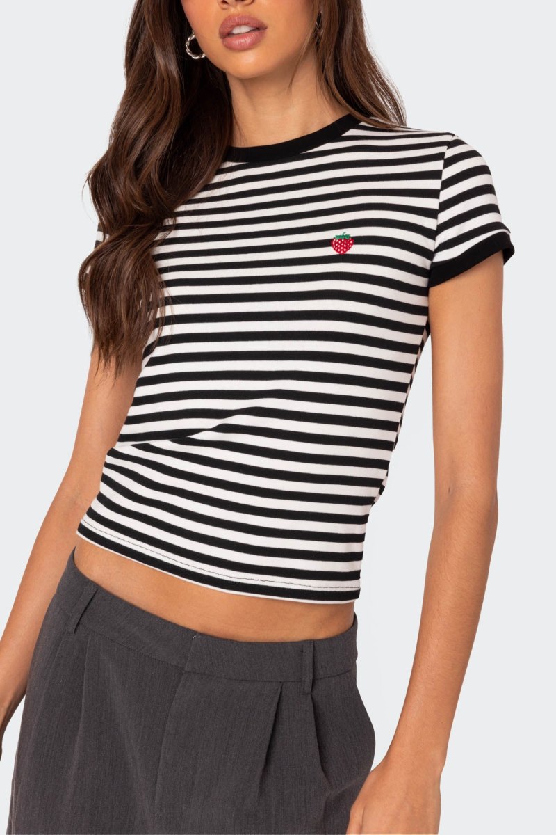 Edikted Strawberry Fields Striped T Shirt Graphic Tops Black And White | USA YI060196H4
