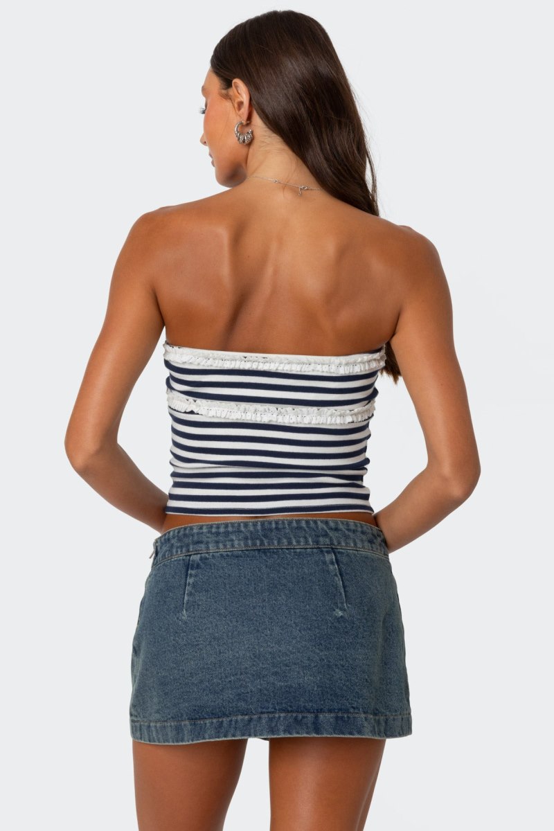 Edikted Striped Eyelet Trim Tube Strapless Tops Navy And White | USA LA121722O4