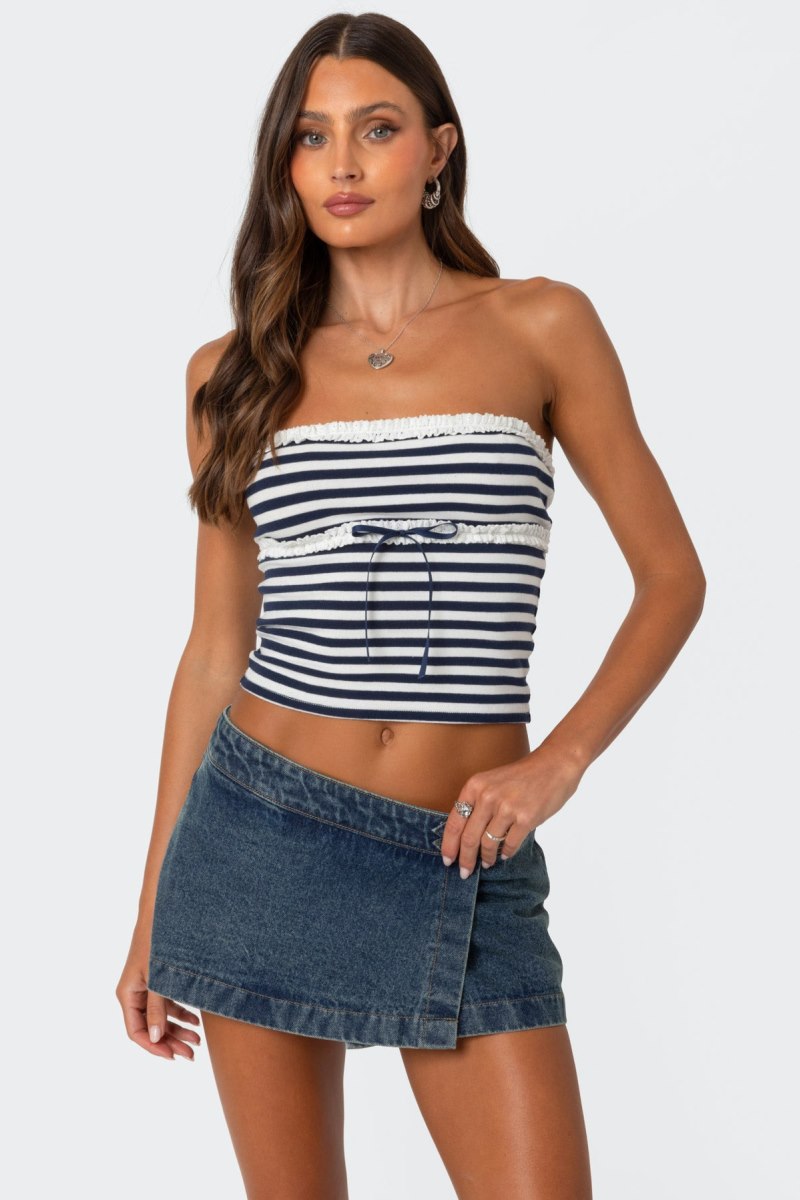 Edikted Striped Eyelet Trim Tube Strapless Tops Navy And White | USA LA121722O4