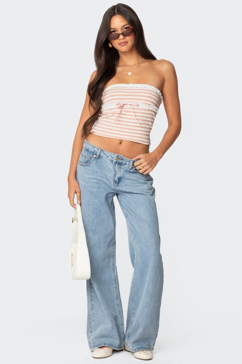 Edikted Striped Eyelet Trim Tube Strapless Tops Navy And White | USA FZ809790B5