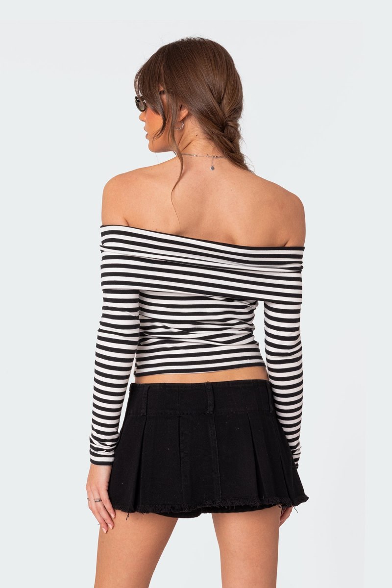Edikted Striped Fold Over Long Sleeve Tops Black And White | USA DQ560266D1