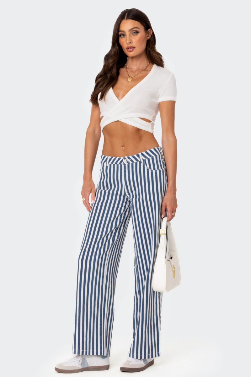 Edikted Striped Low Rise Jeans Blue And White | USA KF725402Z6