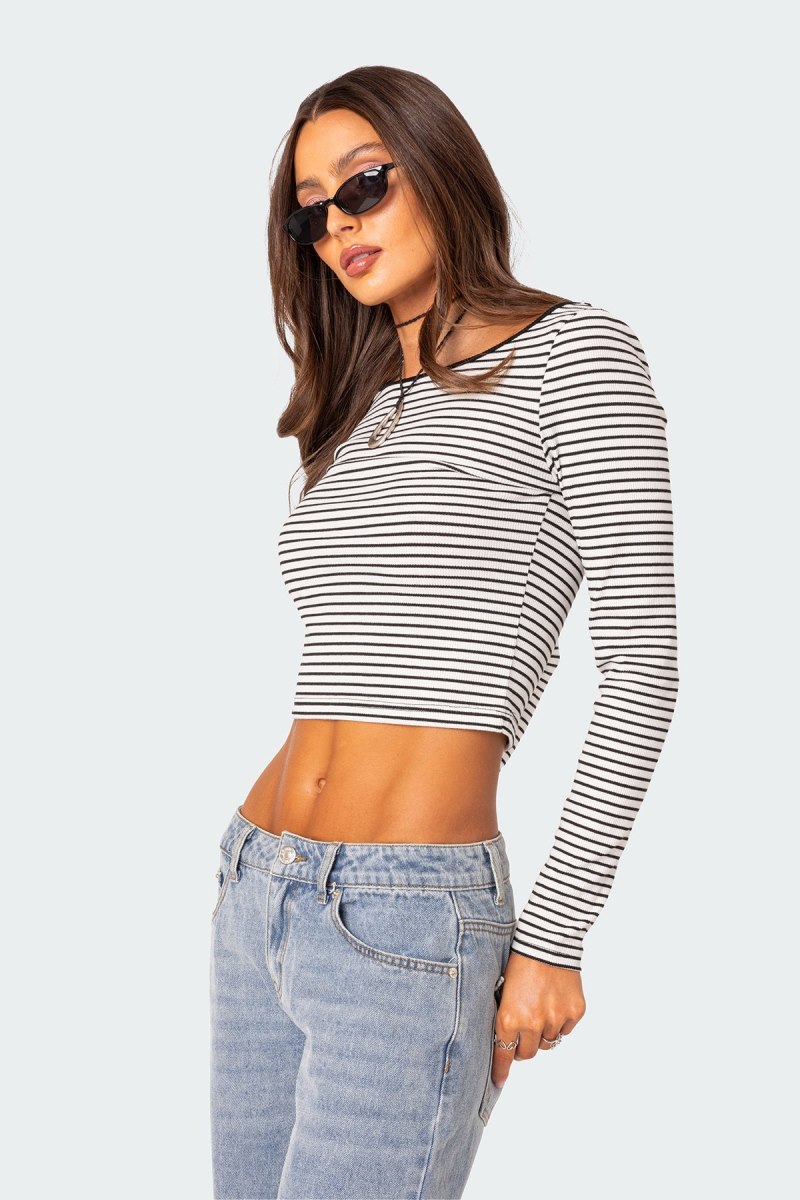 Edikted Striped Scoop Back Long Sleeve Crop Tops Black And White | USA OF163056Y6