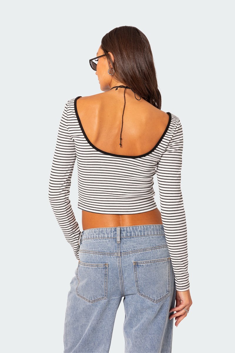 Edikted Striped Scoop Back Long Sleeve Crop Tops Black And White | USA OF163056Y6