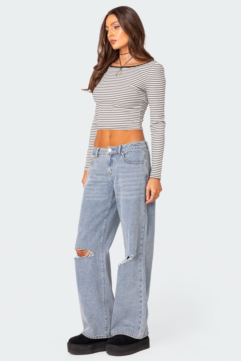 Edikted Striped Scoop Back Long Sleeve Crop Tops Black And White | USA OF163056Y6