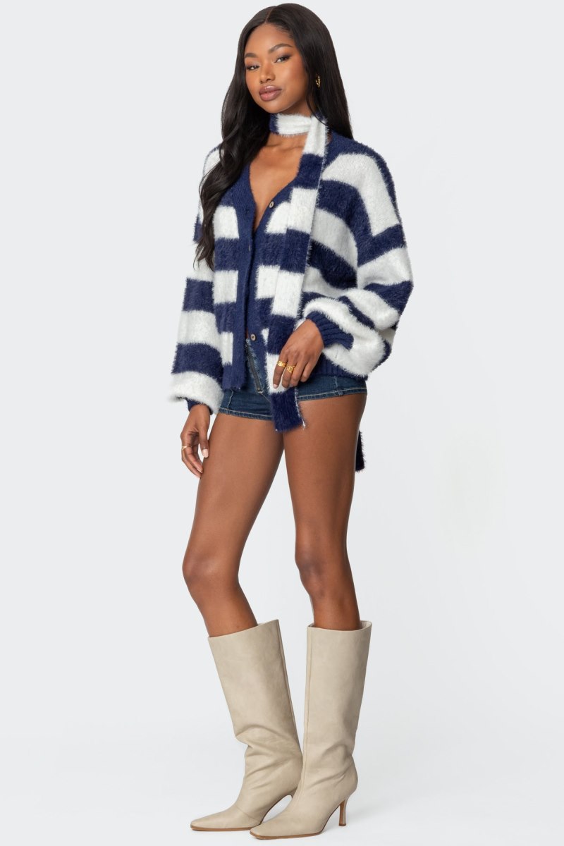 Edikted Striped Two Piece Knit Scarf Cardigan Navy | USA OL622862E3