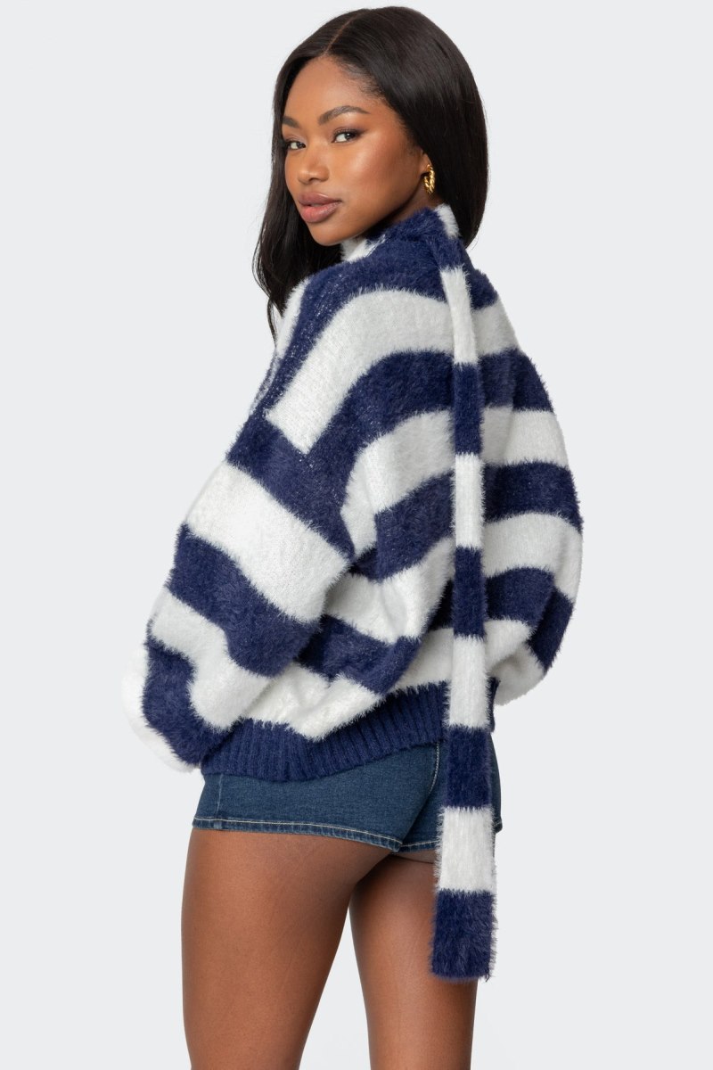 Edikted Striped Two Piece Knit Scarf Cardigan Navy | USA OL622862E3
