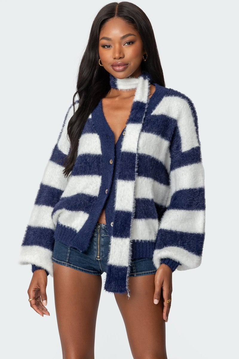Edikted Striped Two Piece Knit Scarf Cardigan Navy | USA OL622862E3