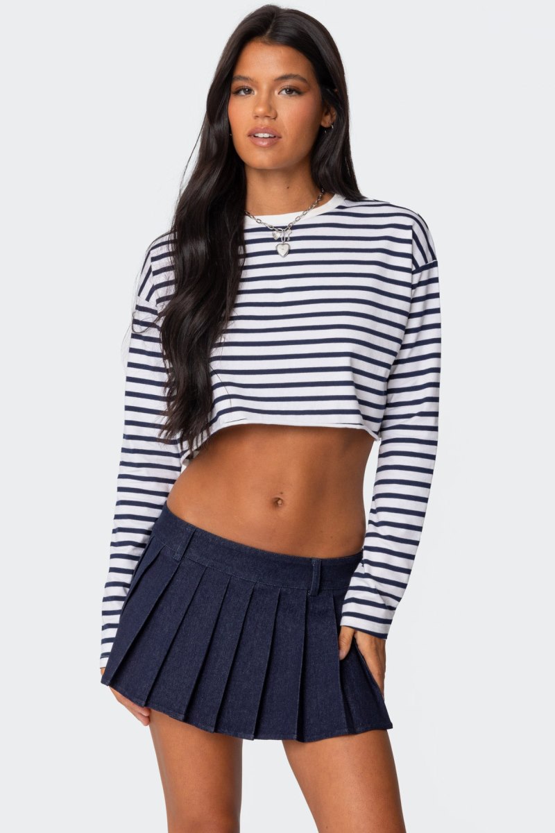 Edikted Stripey Cropped Long Sleeve T Shirt Crop Tops Navy And White | USA JA326232M7